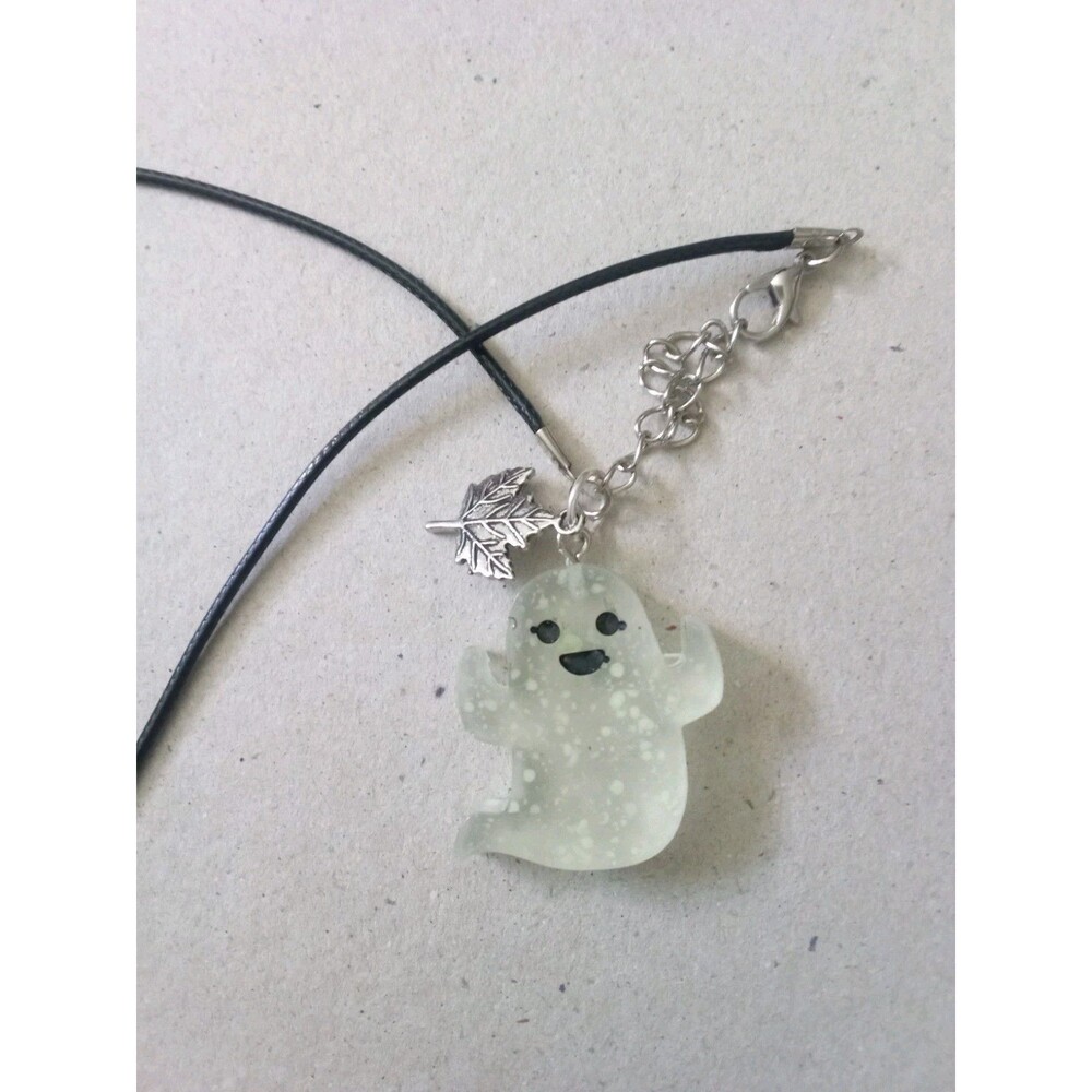 #1 Florescent Ghost Halloween Necklace Synthetic Cord Charm 19" Inc Extender